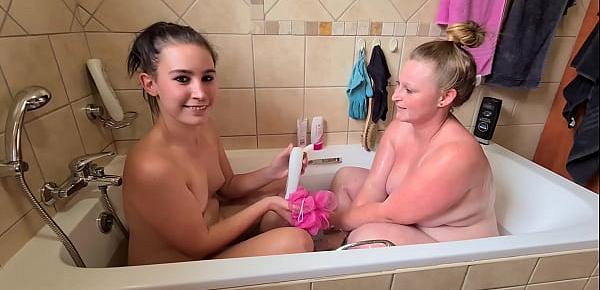  Washing my friend in the bathtub | lesbians kissing and boob rubbing